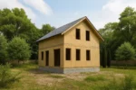 Дом «З-108», 108 м², 1.5 этажа, в черновой отделке: коробка из СИП-панелей OSB-3, двускатная кровля из металлочерепицы, проёмы без окон и дверей, в проёмах видны сосновые балки перекрытия