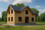 Дом «З-125», 125 м², 1.5 этажа, в черновой отделке: коробка из СИП-панелей OSB-3, двускатная кровля из металлочерепицы, проёмы без окон и дверей, в проёмах видны сосновые балки перекрытия