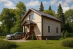 Проект дома «З-125Б» из СИП-панелей, 125 м² — двухэтажный дом с бежевым фасадом, коричневой крышей и крыльцом | HotWell.KZ