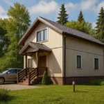 Проект дома «З-125Б» из СИП-панелей, 125 м² — двухэтажный дом с бежевым фасадом, коричневой крышей и крыльцом | HotWell.KZ