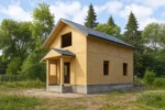 Дом «З-125Б», 125 м², 1.5 этажа, в черновой отделке: коробка из СИП-панелей OSB-3, двускатная кровля из металлочерепицы, проёмы без окон и дверей, в проёмах видны сосновые балки перекрытия