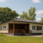 Проект дома «З-134» из СИП-панелей, 134 м² — одноэтажный дом с бежевым фасадом, темной крышей и крытым крыльцом | HotWell.KZ