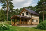 Проект дома «З-150» из СИП-панелей, 150 м² — двухэтажный дом с бежевым фасадом, коричневой крышей и крытой террасой | HotWell.KZ