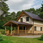 Проект дома «З-150» из СИП-панелей, 150 м² — двухэтажный дом с бежевым фасадом, коричневой крышей и крытой террасой | HotWell.KZ