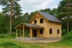 Дом «З-150», 150 м², 1.5 этажа, в черновой отделке: коробка из СИП-панелей OSB-3, двускатная кровля из металлочерепицы, проёмы без окон и дверей, в проёмах видны сосновые балки перекрытия