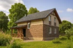 Проект дома «З-150Б» из СИП-панелей, 150 м² — двухэтажный дом с коричневым фасадом, серой крышей и крытым крыльцом | HotWell.KZ