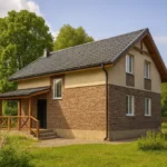 Проект дома «З-150Б» из СИП-панелей, 150 м² — двухэтажный дом с коричневым фасадом, серой крышей и крытым крыльцом | HotWell.KZ