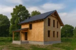 Дом «З-150Б», 150 м², 1.5 этажа, в черновой отделке: коробка из СИП-панелей OSB-3, двускатная кровля из металлочерепицы, проёмы без окон и дверей, в проёмах видны сосновые балки перекрытия