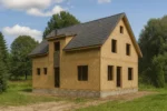 Дом «З-160», 160 м², 1.5 этажа, в черновой отделке: коробка из СИП-панелей OSB-3, двускатная кровля из металлочерепицы, проёмы без окон и дверей, в проёмах видны сосновые балки перекрытия