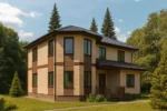 Проект дома «З-165Б» из СИП-панелей, 165 м² — двухэтажный дом с бежевым фасадом, коричневыми вставками и темной крышей | HotWell.KZ