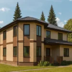 Проект дома «З-165Б» из СИП-панелей, 165 м² — двухэтажный дом с бежевым фасадом, коричневыми вставками и темной крышей | HotWell.KZ