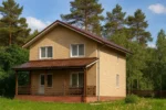 Проект дома «З-168» из СИП-панелей, 168 м² — двухэтажный дом с бежевым фасадом, коричневой крышей и террасой | HotWell.KZ