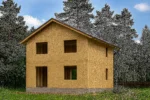 Дом «З-168», 168 м², 2 этажа, в черновой отделке: коробка из СИП-панелей OSB-3, двускатная кровля из металлочерепицы, проёмы без окон и дверей, в проёмах видны сосновые балки перекрытия