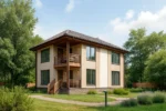 Проект дома «З-170» из СИП-панелей, 170 м² — двухэтажный дом с бежевым фасадом, коричневой крышей и балконом | HotWell.KZ