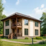 Проект дома «З-170» из СИП-панелей, 170 м² — двухэтажный дом с бежевым фасадом, коричневой крышей и балконом | HotWell.KZ