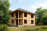 Дом «З-170», 170 м², 2 этажа, в черновой отделке: коробка из СИП-панелей OSB-3, двускатная кровля из металлочерепицы, проёмы без окон и дверей, в проёмах видны сосновые балки перекрытия