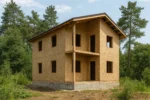 Дом «З-173», 173 м², 2 этажа, в черновой отделке: коробка из СИП-панелей OSB-3, двускатная кровля из металлочерепицы, проёмы без окон и дверей, в проёмах видны сосновые балки перекрытия
