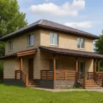 Проект дома «З-177» из СИП-панелей, 177 м² — двухэтажный дом с бежевым фасадом, коричневой крышей и крытой террасой | HotWell.KZ