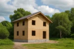 Дом «З-178», 178 м², 2 этажа, в черновой отделке: коробка из СИП-панелей OSB-3, двускатная кровля из металлочерепицы, проёмы без окон и дверей, в проёмах видны сосновые балки перекрытия