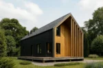 Проект дома «З-183» из СИП-панелей, 183 м² — двухэтажный дом с черным фасадом, деревянными вставками и черной крышей | HotWell.KZ