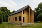 Дом «З-183», 183 м², 1.5 этажа, в черновой отделке: коробка из СИП-панелей OSB-3, двускатная кровля из металлочерепицы, проёмы без окон и дверей, в проёмах видны сосновые балки перекрытия