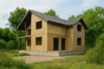 Дом «З-186», 186 м², 1.5 этажа, в черновой отделке: коробка из СИП-панелей OSB-3, двускатная кровля из металлочерепицы, проёмы без окон и дверей, в проёмах видны сосновые балки перекрытия