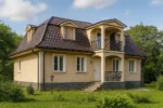 Проект дома «З-207» из СИП-панелей, 207 м² — двухэтажный дом с бежевым фасадом, коричневой крышей и балконом | HotWell.KZ