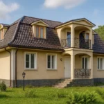 Проект дома «З-207» из СИП-панелей, 207 м² — двухэтажный дом с бежевым фасадом, коричневой крышей и балконом | HotWell.KZ