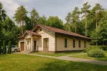 Проект дома «З-224» из СИП-панелей, 224 м² — одноэтажный дом с бежевым фасадом, коричневой крышей и гаражом | HotWell.KZ