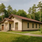 Проект дома «З-224» из СИП-панелей, 224 м² — одноэтажный дом с бежевым фасадом, коричневой крышей и гаражом | HotWell.KZ