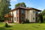 Проект дома «З-259» из СИП-панелей, 259 м² — двухэтажный дом с бежевым фасадом, коричневой крышей и террасой | HotWell.KZ