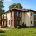 Проект дома «З-259» из СИП-панелей, 259 м² — двухэтажный дом с бежевым фасадом, коричневой крышей и террасой | HotWell.KZ