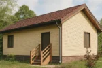 Проект дома «З-54» из СИП-панелей, 54 м² — одноэтажный дом с бежевым фасадом, коричневой крышей и крыльцом | HotWell.KZ