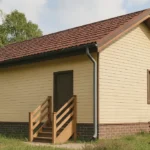 Проект дома «З-54» из СИП-панелей, 54 м² — одноэтажный дом с бежевым фасадом, коричневой крышей и крыльцом | HotWell.KZ