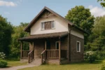 Проект дома «З-72» из СИП-панелей, 72 м² — двухэтажный дом с коричневым фасадом и крытым крыльцом | HotWell.KZ
