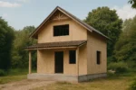 Дом «З-72», 72 м², 1.5 этажа, в черновой отделке: коробка из СИП-панелей OSB-3, двускатная кровля из металлочерепицы, проёмы без окон и дверей, в проёмах видны сосновые балки перекрытия