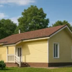 Проект дома «З-80» из СИП-панелей, 80 м² — одноэтажный дом с жёлтым фасадом, коричневой крышей и крыльцом | HotWell.KZ