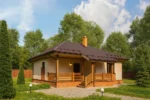 Проект дома «З-99» из СИП-панелей, 99 м² — одноэтажный дом с бежевым фасадом, коричневой крышей и крытым крыльцом | HotWell.KZ