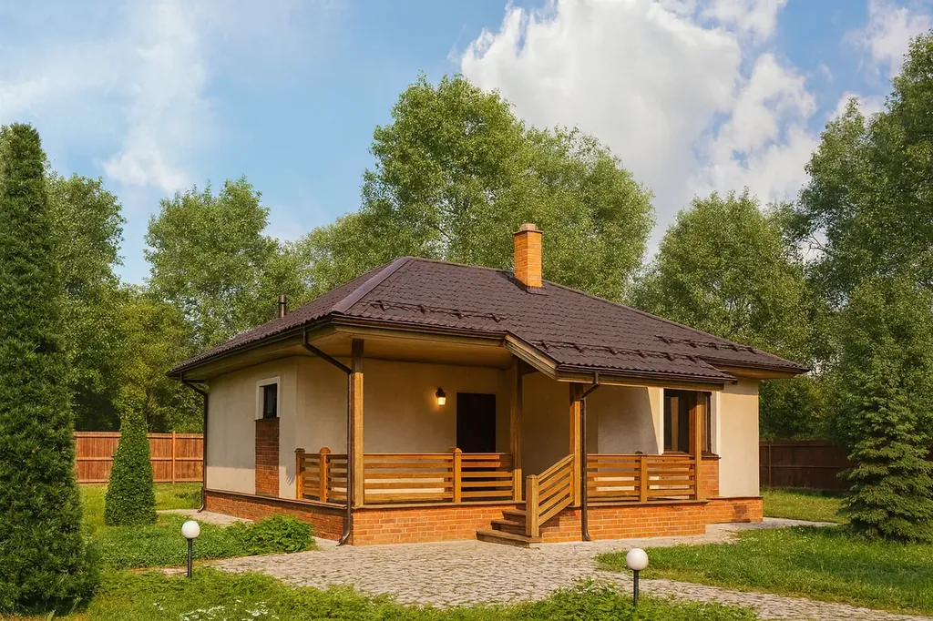 Проект дома «З-99» Проект дома «З-99» из СИП-панелей, 99 м² — одноэтажный дом с бежевым фасадом, коричневой крышей и крытым крыльцом | HotWell.KZ