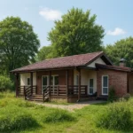 Проект дома «Ж-104» из СИП-панелей, 104 м² — одноэтажный дом с кирпичным фасадом, коричневой крышей и террасой | HotWell.KZ
