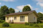 Проект дома «Ж-107Б» из СИП-панелей, 107 м² — одноэтажный дом с бежевым фасадом и коричневой крышей | HotWell.KZ