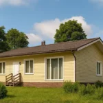 Проект дома «Ж-107Б» из СИП-панелей, 107 м² — одноэтажный дом с бежевым фасадом и коричневой крышей | HotWell.KZ