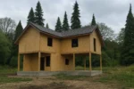 Дом «Ж-125», 125 м², 1.5 этажа, в черновой отделке: коробка из СИП-панелей OSB-3, двускатная кровля из металлочерепицы, проёмы без окон и дверей, в проёмах видны сосновые балки перекрытия