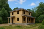 Дом «Ж-172», 172 м², 2 этажа, в черновой отделке: коробка из СИП-панелей OSB-3, вальмовая кровля из металлочерепицы, проёмы без окон и дверей, в проёмах видны сосновые балки перекрытия