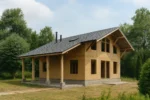 Дом «Ж-176», 176 м², 1.5 этажа, в черновой отделке: коробка из СИП-панелей OSB-3, двускатная кровля из металлочерепицы, проёмы без окон и дверей, в проёмах видны сосновые балки перекрытия