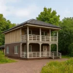 Проект дома «Ж-176Б» из СИП-панелей, 176 м² — двухэтажный дом с коричневым фасадом, серой крышей и балконом | HotWell.KZ