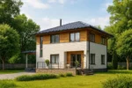 Проект дома «Ж-200» из СИП-панелей, 200 м² — двухэтажный дом с белым фасадом, черной крышей и террасой | HotWell.KZ