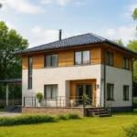 Проект дома «Ж-200» из СИП-панелей, 200 м² — двухэтажный дом с белым фасадом, черной крышей и террасой | HotWell.KZ