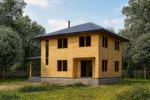 Дом «Ж-200», 200 м², 2 этажа, в черновой отделке: коробка из СИП-панелей OSB-3, вальмовая кровля из металлочерепицы, проёмы без окон и дверей, в проёмах видны сосновые балки перекрытия