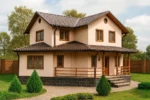 Проект дома «Ж-204» из СИП-панелей, 204 м² — двухэтажный дом с бежевым фасадом, коричневой крышей и крытой террасой | HotWell.KZ